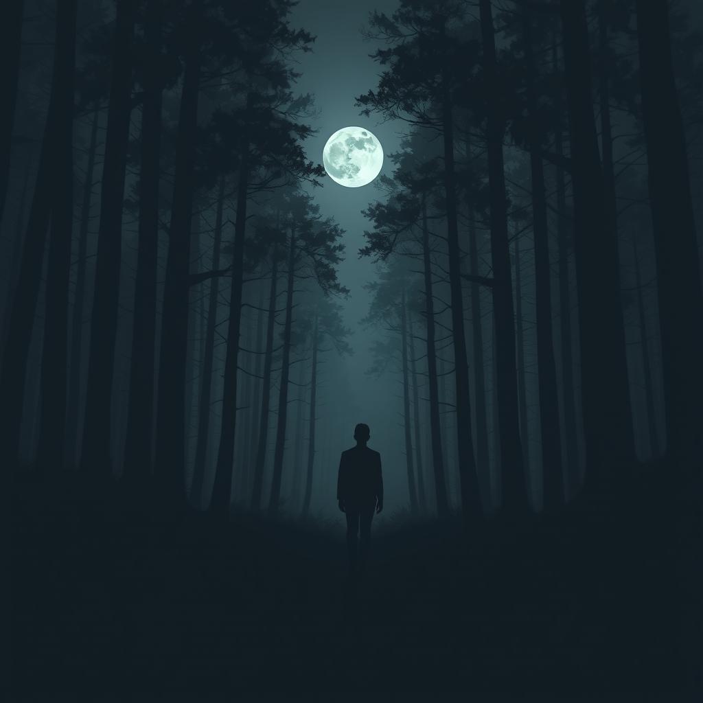 A dark forest scene inspired by Lord Huron, featuring the silhouette of a man or spirit walking under the moonlight