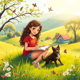 A serene and idyllic scene depicting a small peaceful town bathed in warm sunlight