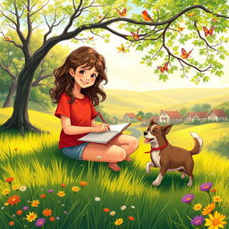 A serene and idyllic scene depicting a small peaceful town bathed in warm sunlight