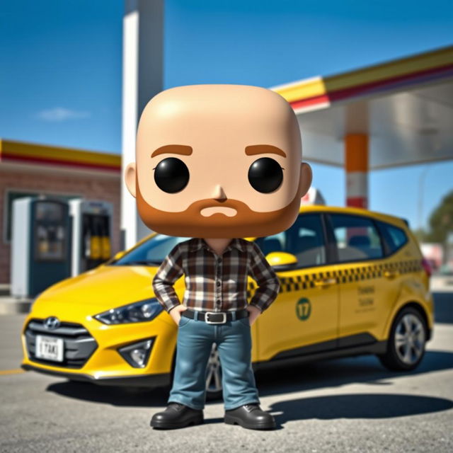 A Funko Pop figure of a 40-year-old bald man with a beard, standing next to a parked 2010 Hyundai Vision taxi at a gas station