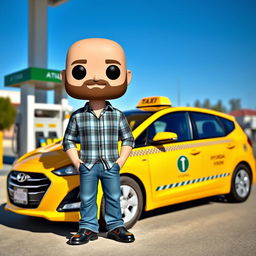 A Funko Pop figure of a 40-year-old bald man with a beard, standing next to a parked 2010 Hyundai Vision taxi at a gas station
