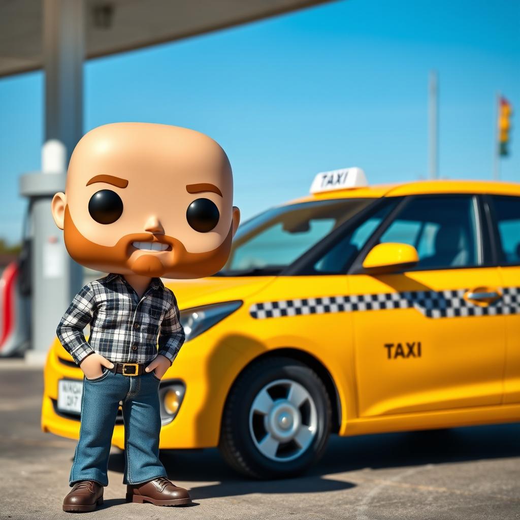 A Funko Pop figure of a 40-year-old bald man with a beard, standing next to a parked 2010 Hyundai Vision taxi at a gas station