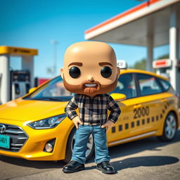 A Funko Pop figure of a 40-year-old bald man with a beard, standing next to a parked 2010 Hyundai Vision taxi at a gas station