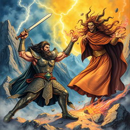 An epic scene from the Shahnameh depicting the legendary hero Rostam in a fierce battle against a formidable witch in the fourth Khan