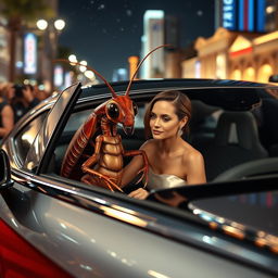 A humanoid cockroach named Milton, characterized by his anthropomorphic features like large antennae and a sleek exoskeletal appearance, is comically entering a luxurious car