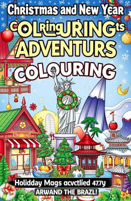 A vibrant and colorful book cover for 'Christmas and New Year Colouring Adventures: Holiday Magic Around the World!' showcasing Christmas traditions from various countries like Germany, USA, France, Brazil, and Japan