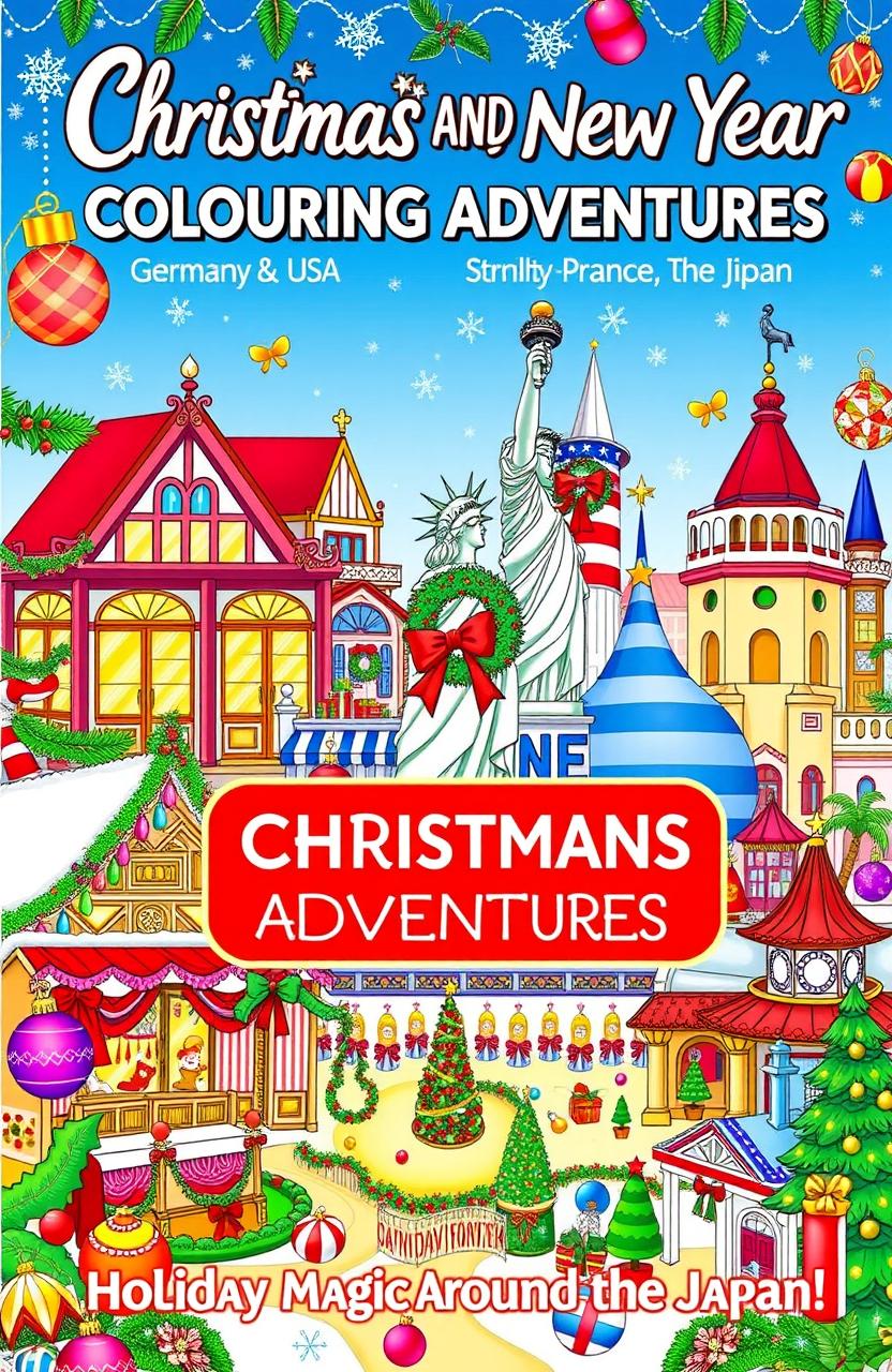 A vibrant and colorful book cover for 'Christmas and New Year Colouring Adventures: Holiday Magic Around the World!' showcasing Christmas traditions from various countries like Germany, USA, France, Brazil, and Japan