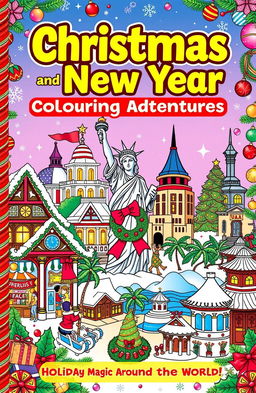 A vibrant and colorful book cover for 'Christmas and New Year Colouring Adventures: Holiday Magic Around the World!' showcasing Christmas traditions from various countries like Germany, USA, France, Brazil, and Japan