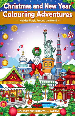 A vibrant and colorful book cover for 'Christmas and New Year Colouring Adventures: Holiday Magic Around the World!' showcasing Christmas traditions from various countries like Germany, USA, France, Brazil, and Japan