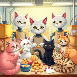 A whimsical illustration of a playful cat factory, showcasing feline robots assembling adorable cat toys and treats