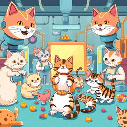 A whimsical illustration of a playful cat factory, showcasing feline robots assembling adorable cat toys and treats