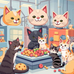 A whimsical illustration of a playful cat factory, showcasing feline robots assembling adorable cat toys and treats