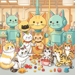 A whimsical illustration of a playful cat factory, showcasing feline robots assembling adorable cat toys and treats