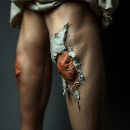 A detailed and artistic representation of a torn leg, showcasing intricate textures and elements of realism