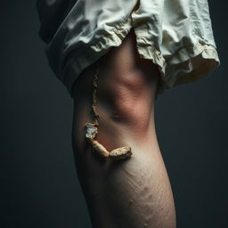 A detailed and artistic representation of a torn leg, showcasing intricate textures and elements of realism
