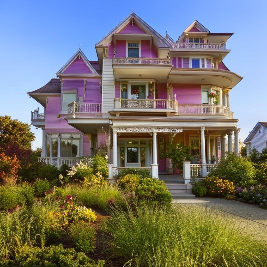 Generate a picture of a four-story Victorian style house with a colorful garden in the front yard