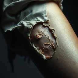 A detailed and artistic representation of a torn leg, showcasing intricate textures and elements of realism