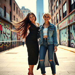 A captivating image featuring two stylish and confident young women standing together in an urban setting