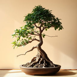 A beautifully styled Japanese bonsai tree showcasing intricate details like gnarled roots and lush foliage