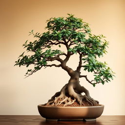 A beautifully styled Japanese bonsai tree showcasing intricate details like gnarled roots and lush foliage