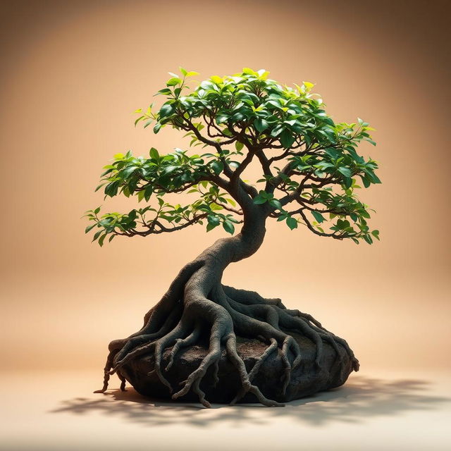 A beautifully styled Japanese bonsai tree showcasing intricate details like gnarled roots and lush foliage