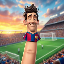 A whimsical and imaginative representation of a human finger designed to resemble Lionel Messi, featuring a detailed face on the fingertip showcasing Messi's iconic hairstyle, facial features, and a subtle smile