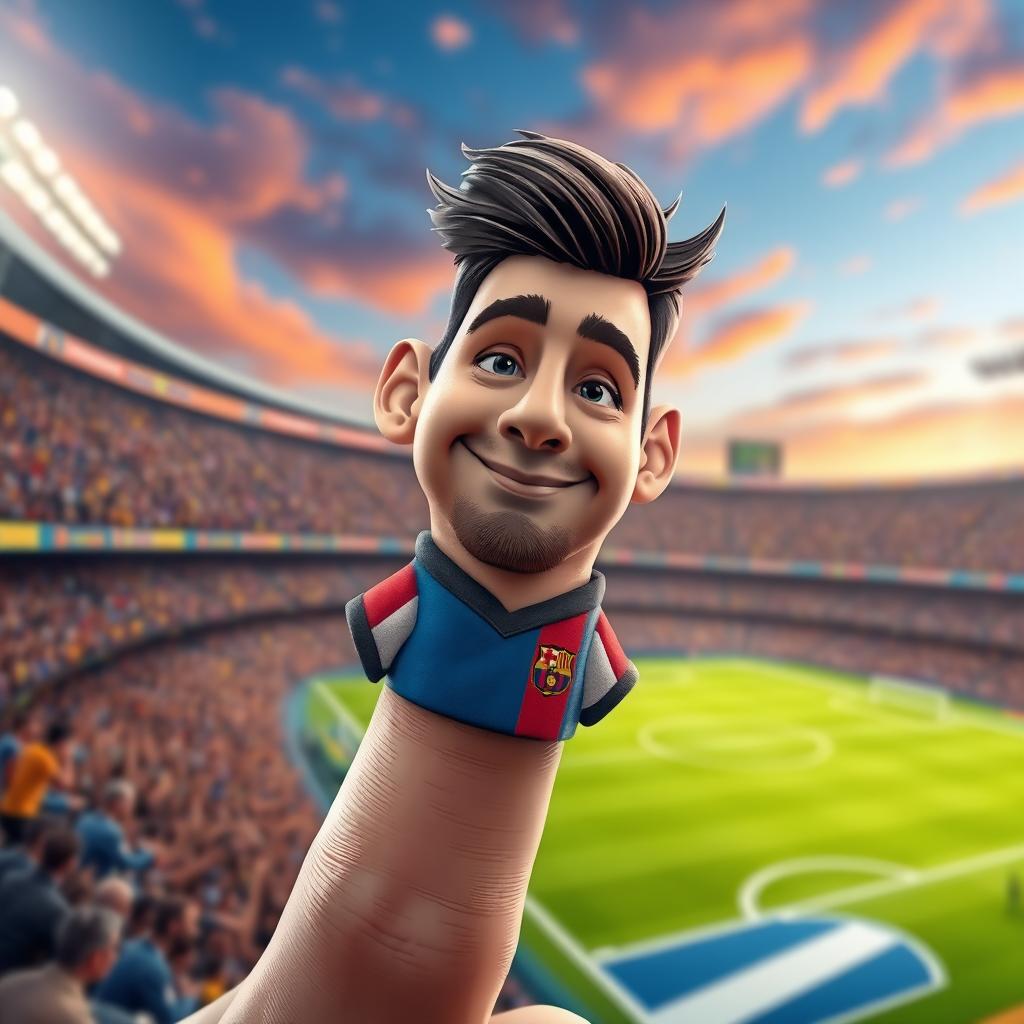 A whimsical and imaginative representation of a human finger designed to resemble Lionel Messi, featuring a detailed face on the fingertip showcasing Messi's iconic hairstyle, facial features, and a subtle smile