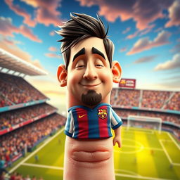 A whimsical and imaginative representation of a human finger designed to resemble Lionel Messi, featuring a detailed face on the fingertip showcasing Messi's iconic hairstyle, facial features, and a subtle smile