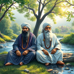 Guru Nanak and Bhai Mardana, representing religious harmony, sitting together in a serene natural setting