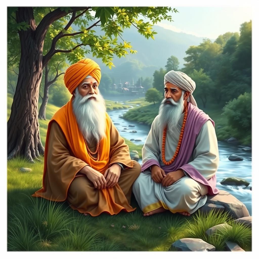 Guru Nanak and Bhai Mardana, representing religious harmony, sitting together in a serene natural setting