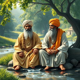 Guru Nanak and Bhai Mardana, representing religious harmony, sitting together in a serene natural setting