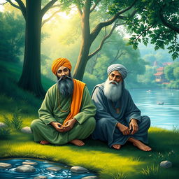Guru Nanak and Bhai Mardana, representing religious harmony, sitting together in a serene natural setting