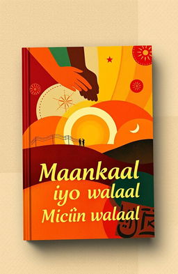 A vibrant book cover design for 'Maankaal iyo Miciin walaal', featuring abstract art with a harmonious blend of warm colors representing the themes of brotherhood and unity