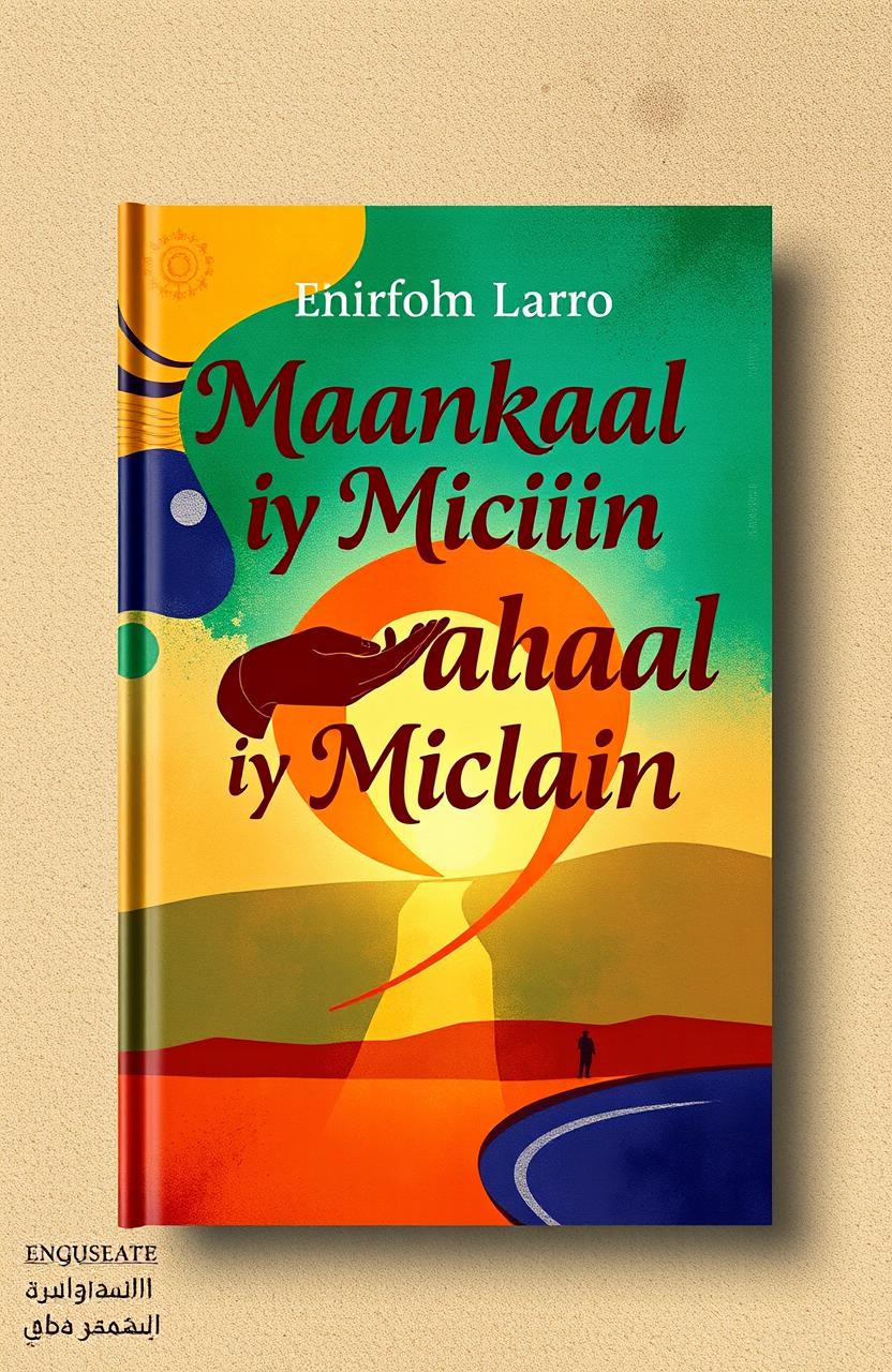 A vibrant book cover design for 'Maankaal iyo Miciin walaal', featuring abstract art with a harmonious blend of warm colors representing the themes of brotherhood and unity