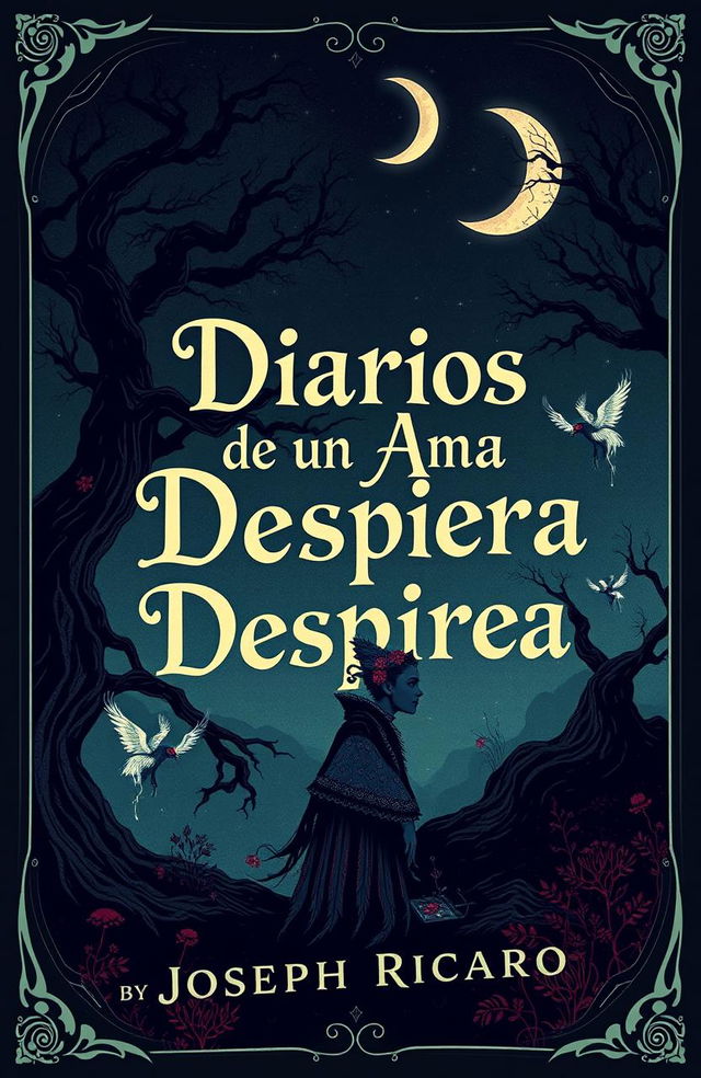 Book cover design for a novel titled 'Diarios de un Alma Despierta' by Joseph Ricardo, featuring gothic and whimsical elements similar to the styles of Lord Huron and Tim Burton