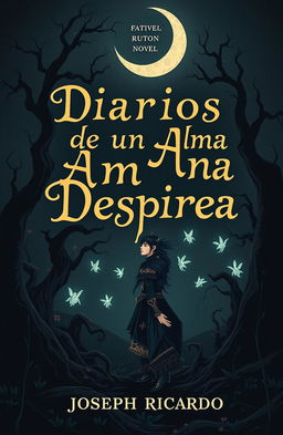 Book cover design for a novel titled 'Diarios de un Alma Despierta' by Joseph Ricardo, featuring gothic and whimsical elements similar to the styles of Lord Huron and Tim Burton