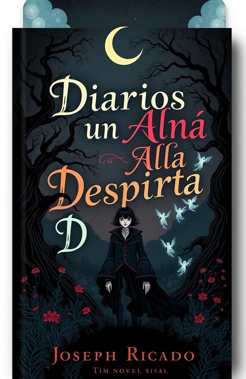 Book cover design for a novel titled 'Diarios de un Alma Despierta' by Joseph Ricardo, featuring gothic and whimsical elements similar to the styles of Lord Huron and Tim Burton