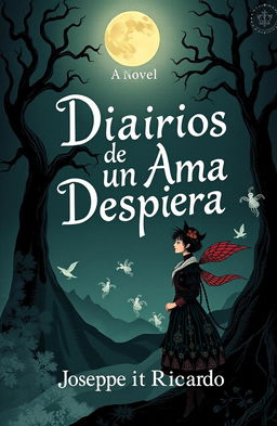 Book cover design for a novel titled 'Diarios de un Alma Despierta' by Joseph Ricardo, featuring gothic and whimsical elements similar to the styles of Lord Huron and Tim Burton