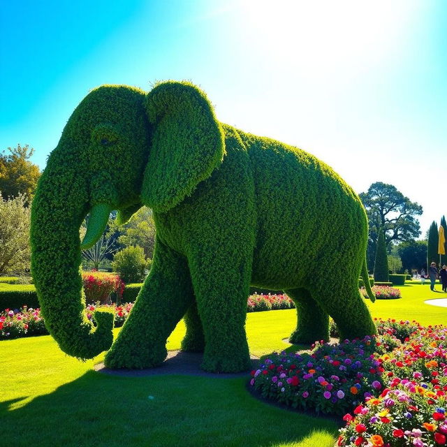 A beautifully sculpted animal topiary in a lush garden setting, featuring a life-sized elephant made entirely out of green foliage and trimmed bushes, with intricate detailing on the ears, trunk, and body