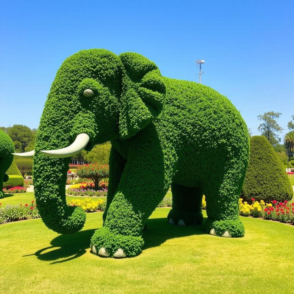 A beautifully sculpted animal topiary in a lush garden setting, featuring a life-sized elephant made entirely out of green foliage and trimmed bushes, with intricate detailing on the ears, trunk, and body