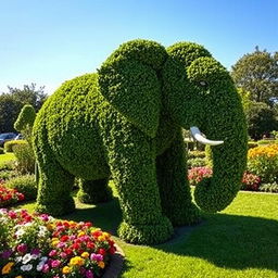A beautifully sculpted animal topiary in a lush garden setting, featuring a life-sized elephant made entirely out of green foliage and trimmed bushes, with intricate detailing on the ears, trunk, and body