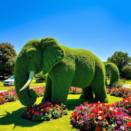 A beautifully sculpted animal topiary in a lush garden setting, featuring a life-sized elephant made entirely out of green foliage and trimmed bushes, with intricate detailing on the ears, trunk, and body
