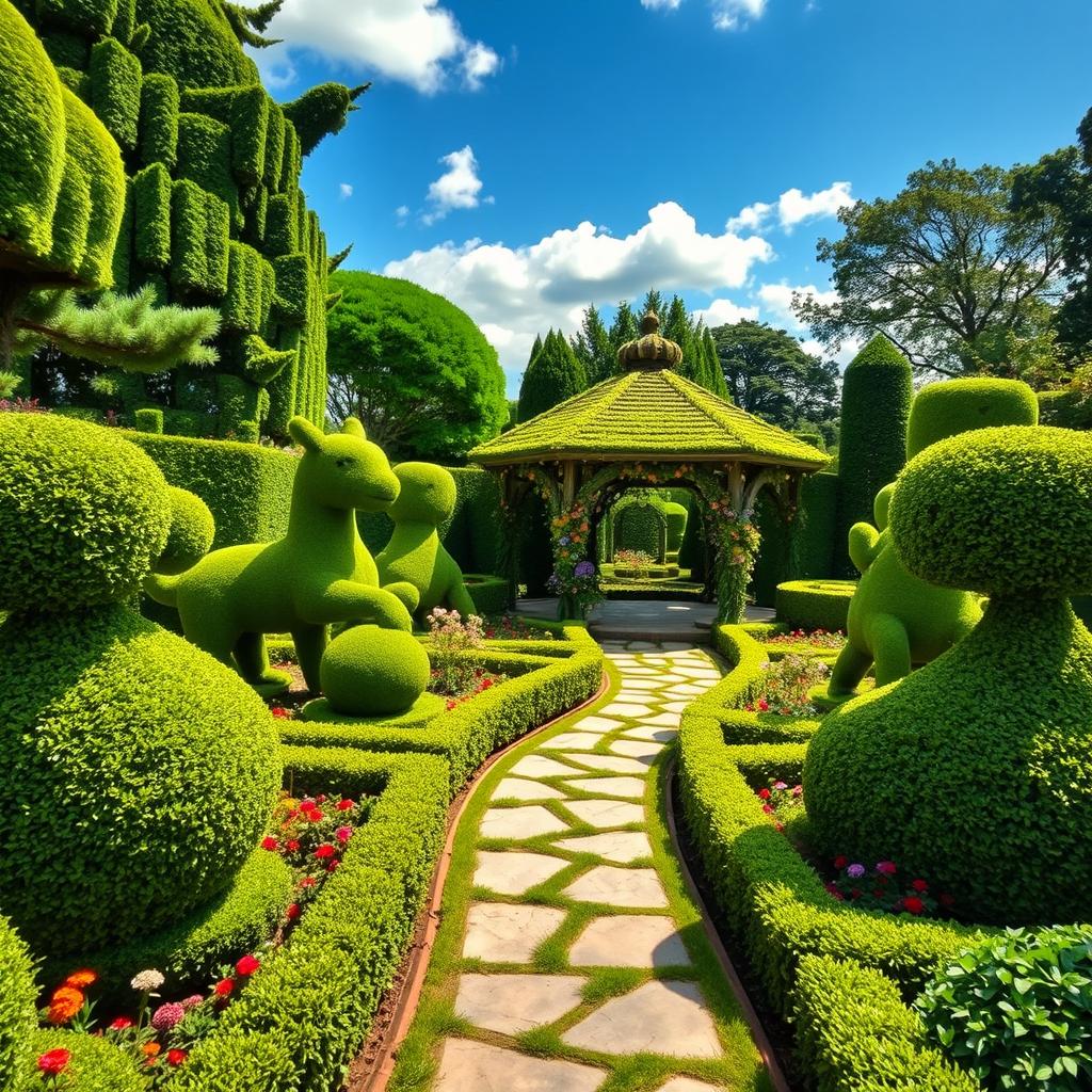 A beautifully manicured topiary garden filled with intricate shapes of perfectly trimmed hedges resembling animals and geometric patterns