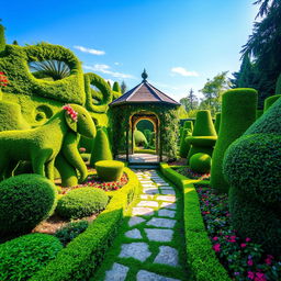 A beautifully manicured topiary garden filled with intricate shapes of perfectly trimmed hedges resembling animals and geometric patterns