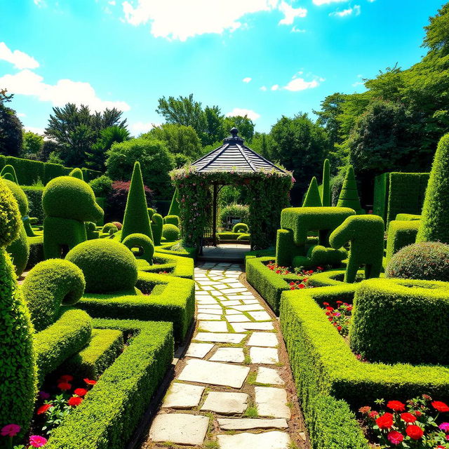 A beautifully manicured topiary garden filled with intricate shapes of perfectly trimmed hedges resembling animals and geometric patterns