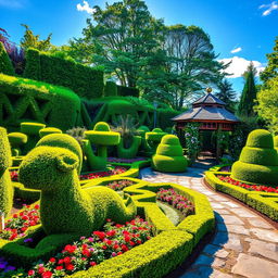 A beautifully manicured topiary garden filled with intricate shapes of perfectly trimmed hedges resembling animals and geometric patterns
