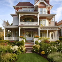 Generate a picture of a four-story Victorian style house with a colorful garden in the front yard