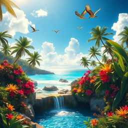 A dreamlike depiction of paradise, featuring lush tropical landscapes with vibrant flowers and towering palm trees, a crystal clear turquoise ocean gently lapping at the shore, and fluffy white clouds scattered across a bright blue sky