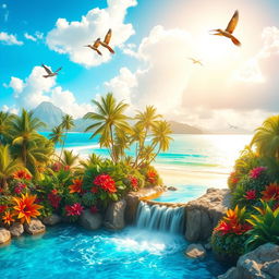 A dreamlike depiction of paradise, featuring lush tropical landscapes with vibrant flowers and towering palm trees, a crystal clear turquoise ocean gently lapping at the shore, and fluffy white clouds scattered across a bright blue sky