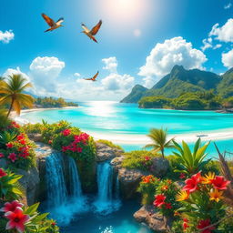 A dreamlike depiction of paradise, featuring lush tropical landscapes with vibrant flowers and towering palm trees, a crystal clear turquoise ocean gently lapping at the shore, and fluffy white clouds scattered across a bright blue sky